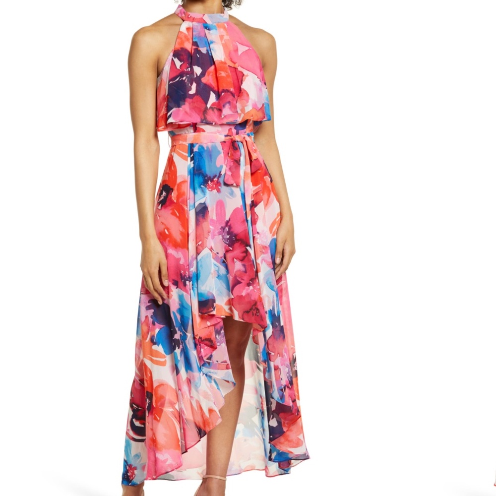 Floral Halter Neck Popover High/Low Dress